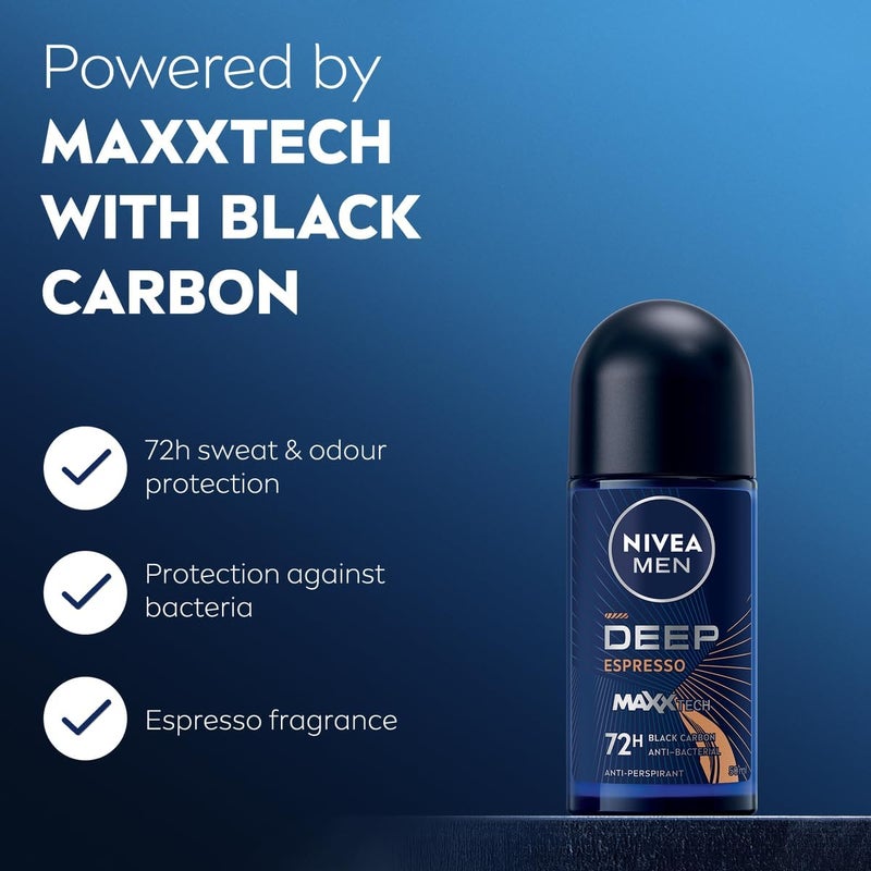NIVEA MEN Antiperspirant Roll-on, 48h Protection, DEEP Black Carbon, Espresso Scent, 3x50ml - Image 2